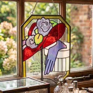 Handcrafted Stained Glass Panel - Red Hat with Purple Gloves 10X7”